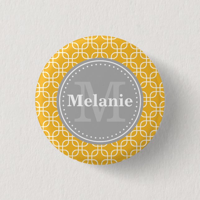 Yellow Modern Squares Pattern Grey Monogram 3 Cm Round Badge (Front)