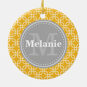 Yellow Modern Squares Pattern Grey Monogram Ceramic Tree Decoration