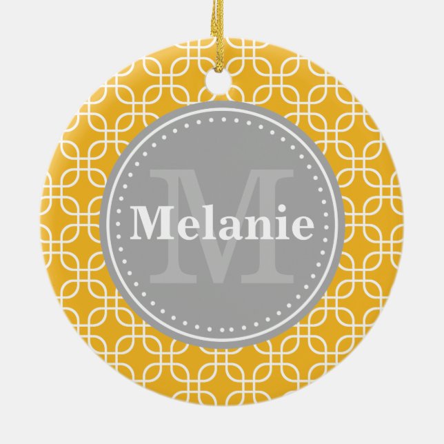 Yellow Modern Squares Pattern Grey Monogram Ceramic Tree Decoration (Back)