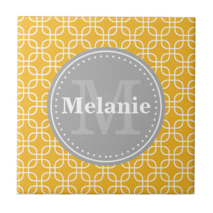 Yellow Modern Squares Pattern Grey Monogram Tile