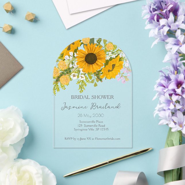 Yellow Modern Sunflowers Bouquet Bridal Shower  Acrylic Invitations (Insitu (Wedding))