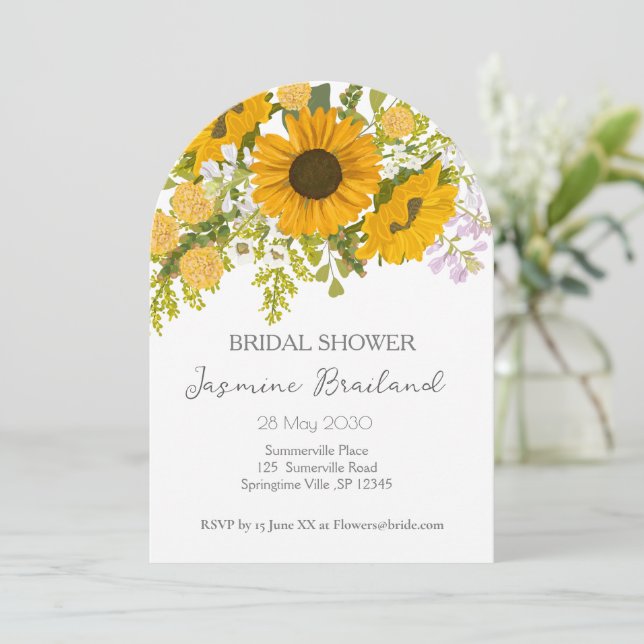Yellow Modern Sunflowers Bouquet Bridal Shower  Invitation (Standing Front)