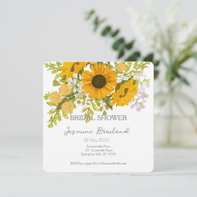 Yellow Modern Sunflowers Bouquet Bridal Shower  Save The Date (Standing Front)