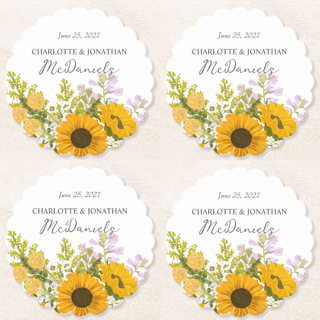 Yellow Modern Sunflowers Bouquet Wedding  Paper Coaster (Creator Uploaded)