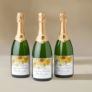 Yellow Modern Sunflowers Bouquet Wedding Sparkling Wine Label