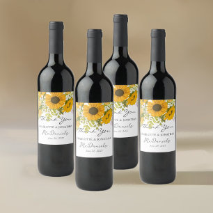 Yellow Modern Sunflowers Bouquet Wedding  Wine Label