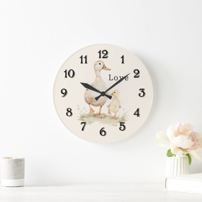 Yellow Mom Baby Ducks Large Clock (Home)