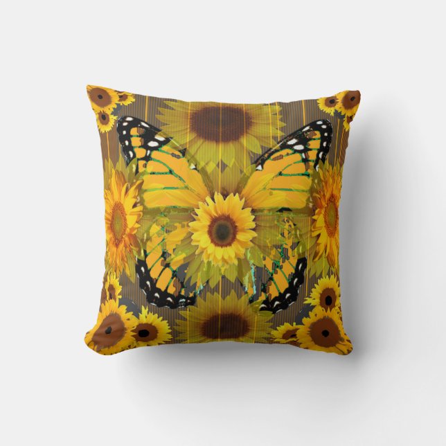 Yellow MONARCH  BUTTERFLY & Sunflower ART Cushion (Front)