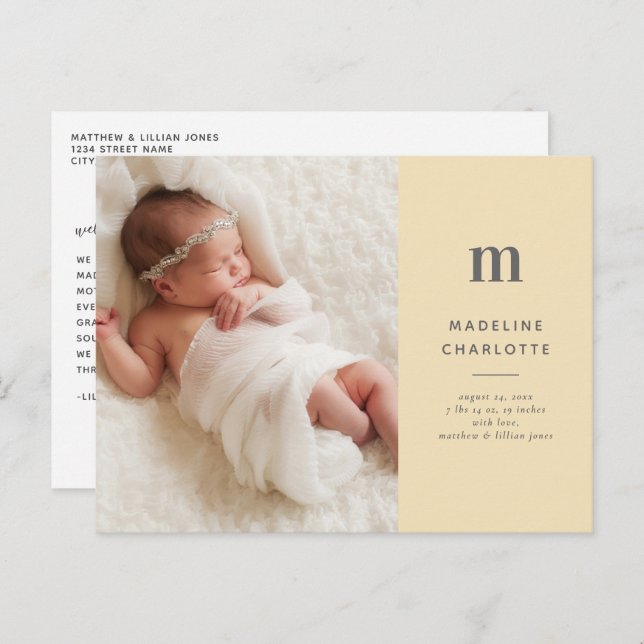 Yellow Monogram 1-Photo New Baby Announcement Postcard (Front/Back)