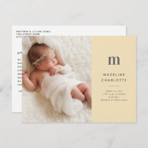 Yellow Monogram 1-Photo New Baby Announcement Postcard