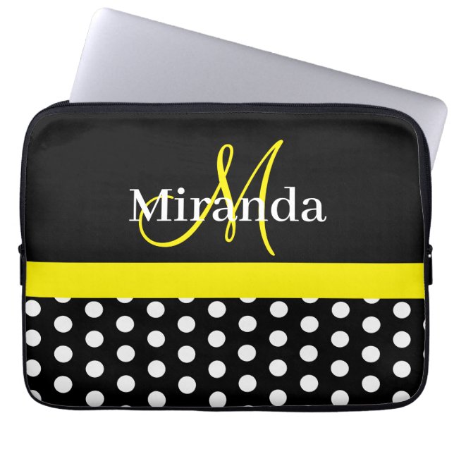 Yellow Monogram Black White Polka Dot Laptop Sleeve (Front)