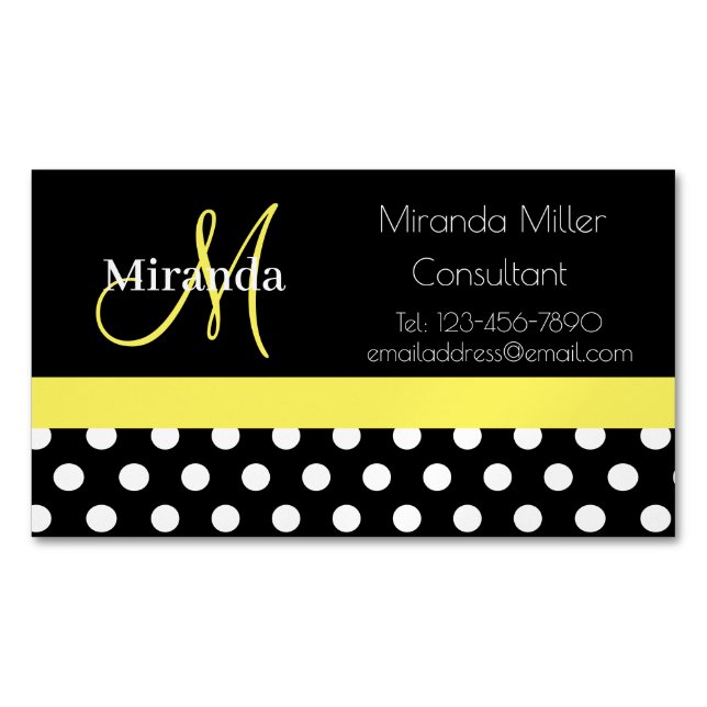 Yellow Monogram Black White Polka Dot Magnetic Business Card (Front)