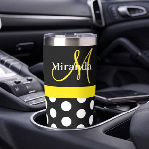 Yellow Monogram Black with White Polka Dots Insulated Tumbler