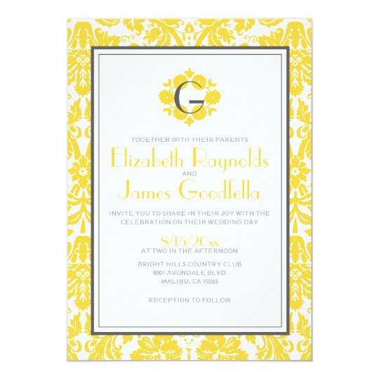 Yellow Monogram Damask Wedding Invitations