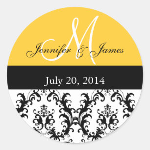 Yellow Monogram Damask Wedding Stickers