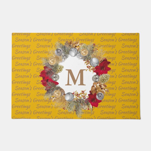 Yellow MONOGRAM Decorative Christmas Wreath Doormat (Front)