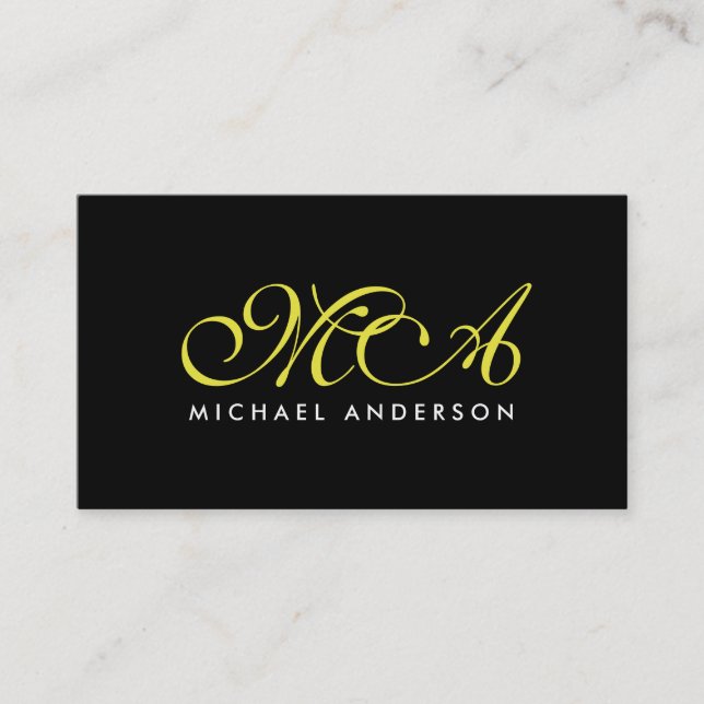 Yellow Monogram Elegant Script Black Background Business Card (Front)