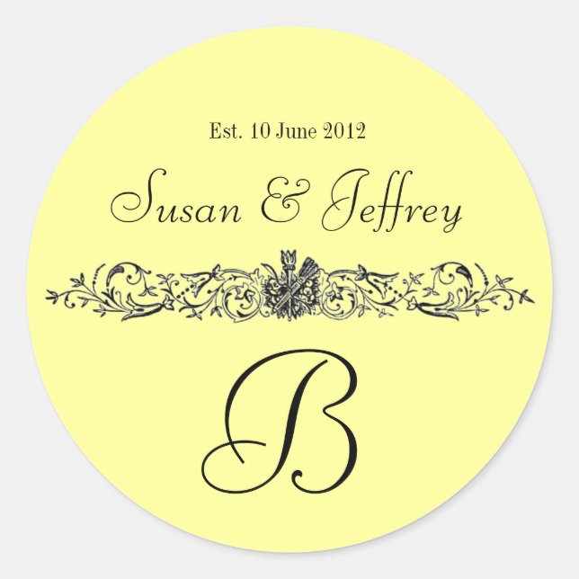 Yellow Monogram Logo Names Date Wedding Label (Front)