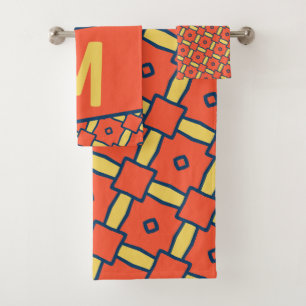 Yellow Monogram Orange Geometric Pattern Bath Towel Set