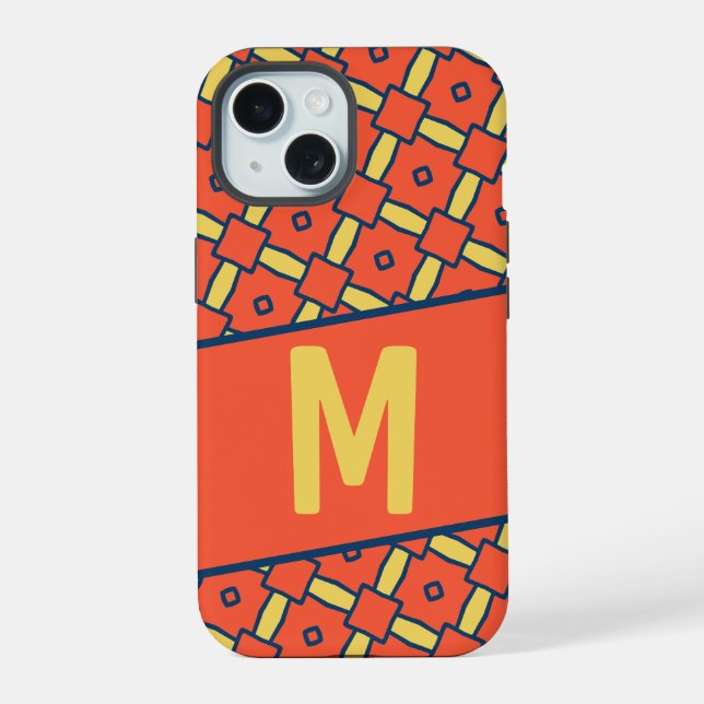 Yellow Monogram Orange Geometric Pattern iPhone 15 Case (Back)