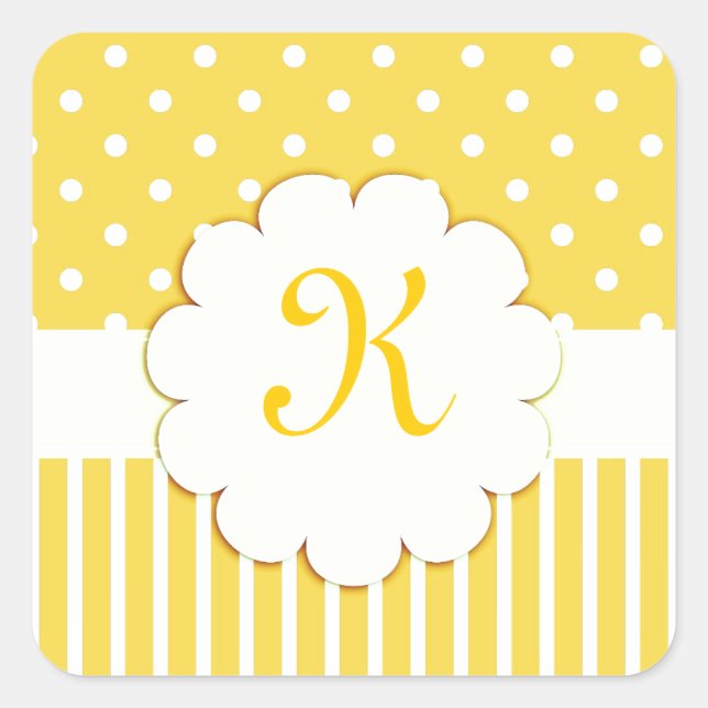 Yellow Monogram with Polka Dots and Stripes Square Sticker (Front)