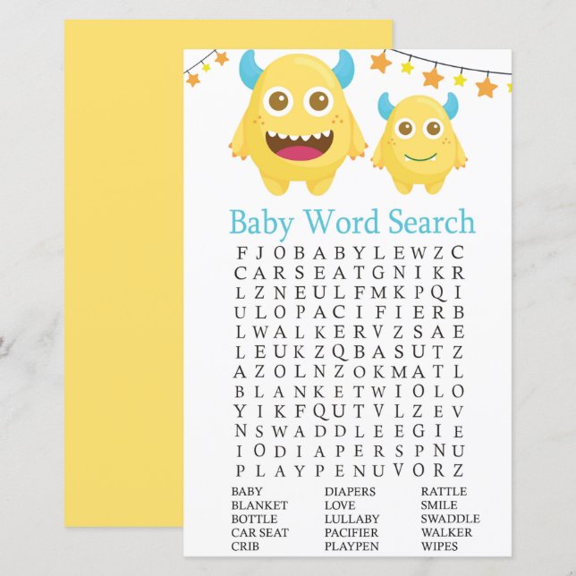 Yellow Monster Baby Shower Word Search Game (Front/Back)