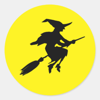 Yellow Moon and Black Flying Witch Halloween Classic Round Sticker