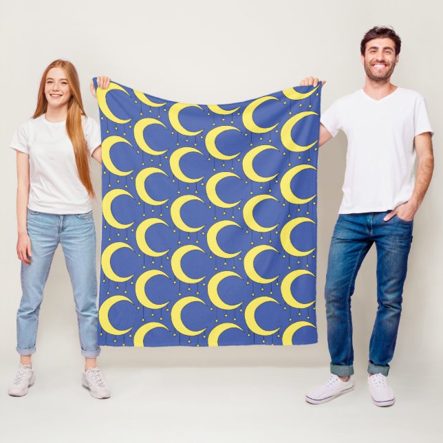 Yellow Moon and Stars illustration on Blue Fleece Blanket (In Situ)