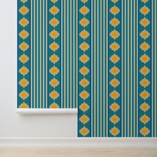 Yellow Moroccan shapes and green stripes Wallpaper