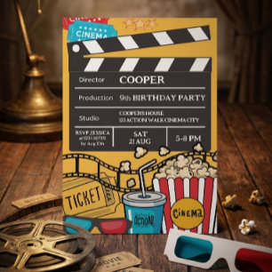 Yellow Movie Night Birthday Party For Boys Invitation