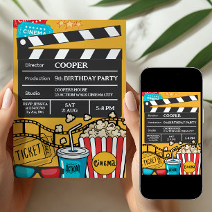 Yellow Movie Night Birthday Party For Boys Invitation