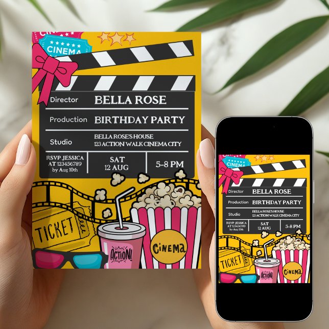 Yellow Movie Night Birthday Party For Girls Invitation (Creator Uploaded)