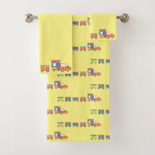 YELLOW MULTI TRAIN CHALKBOARD BATHROOM TOWEL SET (Insitu)