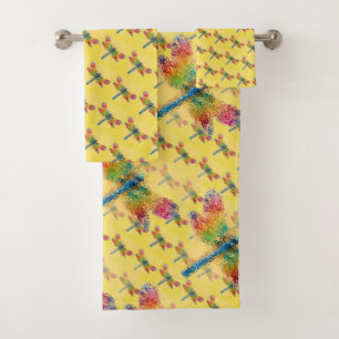Yellow Multicolored Dragonfly Abstract Bath Towel Set