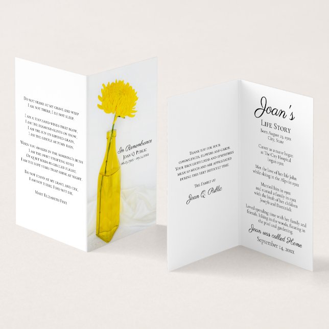 Yellow Mum in Vase Funeral Service Memorial Prayer Business Card (Inside and Outside)