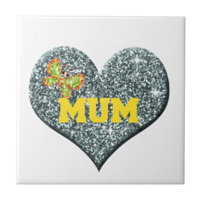 Yellow Mum Love Heart With Butterfly Tile (Front)