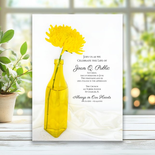 Yellow Mum on White Celebration of Life Memorial Invitation (Creator Uploaded)