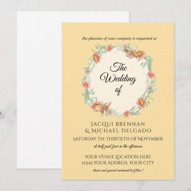 Yellow n Mint Butterfly Floral Wreath Wedding Invitation (Front/Back)