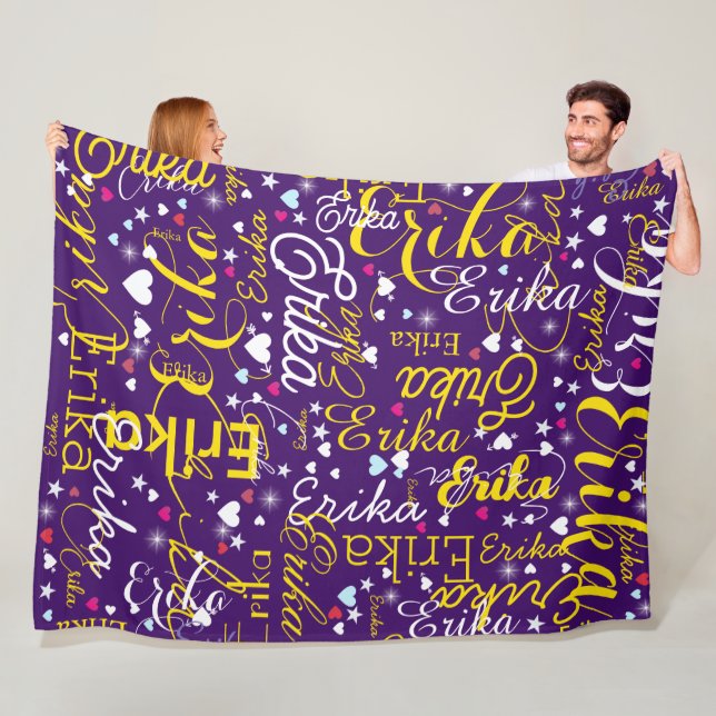 Yellow Name, Splattered Cute Hearts and Stars  Fleece Blanket (In Situ)