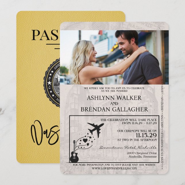 Yellow Nashville Passport Wedding Invitation (Front/Back)