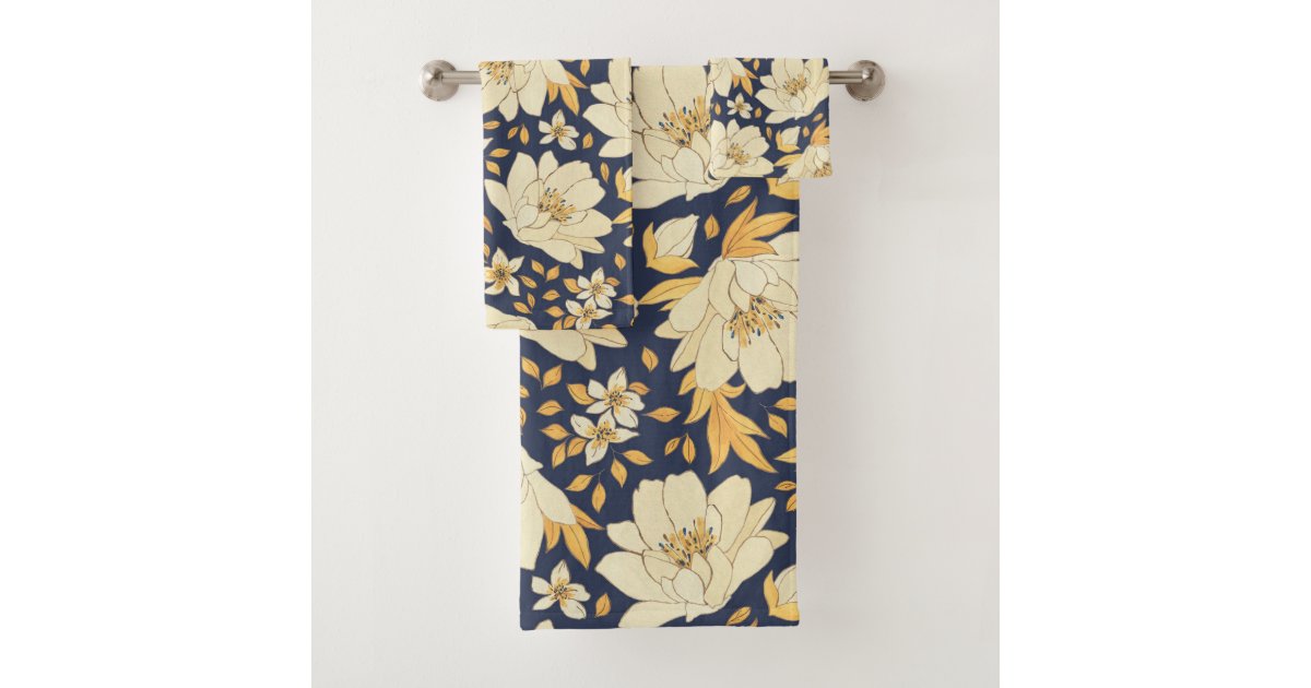 Yellow & Navy Autumn Floral Bath Towel Set Zazzle
