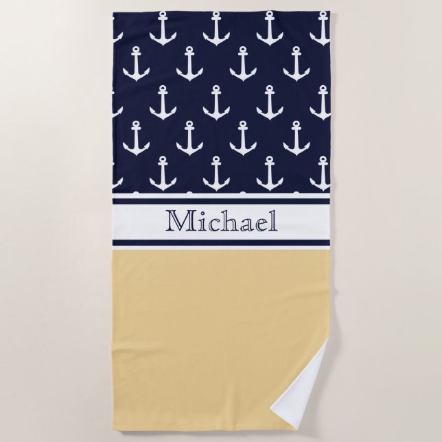 Yellow Navy Blue Anchor Pattern Name Nautical Beach Towel (Front)