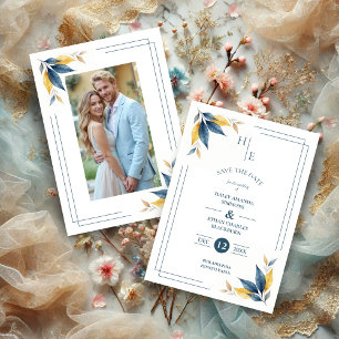 Yellow & Navy Blue Botanical Leaves Corner Photo Save The Date
