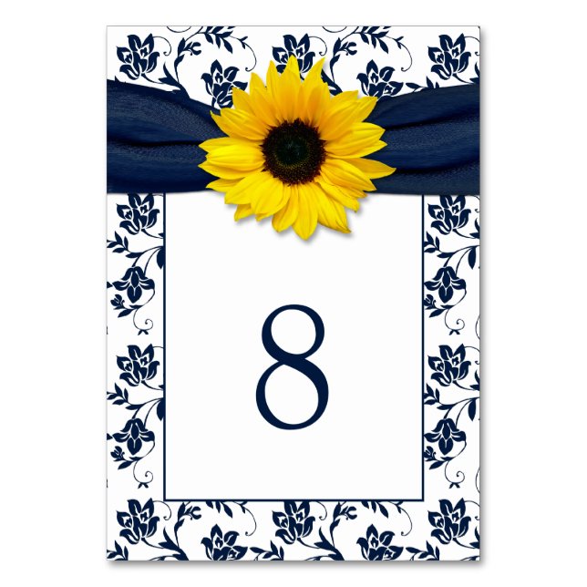 Yellow Navy Blue Damask Sunflower Ribbon Wedding Table Number (Front)