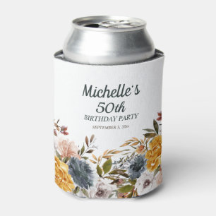 Yellow Navy Blue Floral 50th Birthday Can Cooler