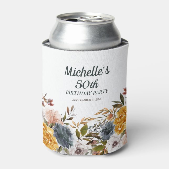 Yellow Navy Blue Floral 50th Birthday Can Cooler (Can Front)