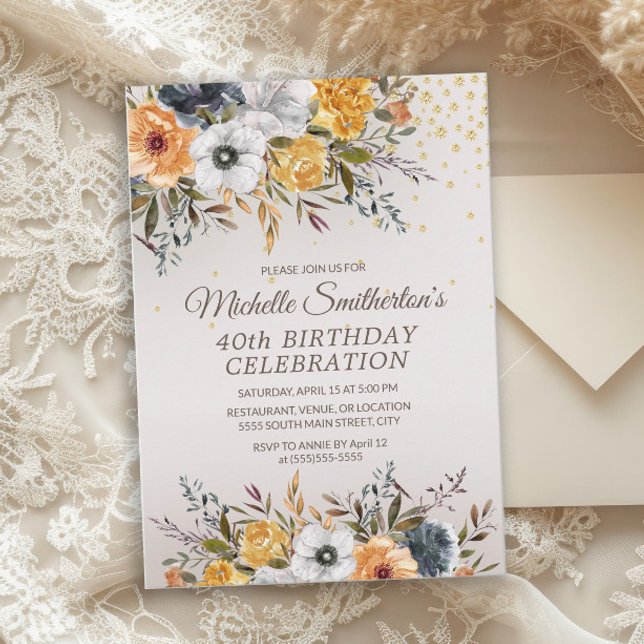 Yellow Navy Blue Floral Glitter 40th Birthday Invitation (Rustic mustard yellow and navy blue watercolor floral 40th birthday party invitation)