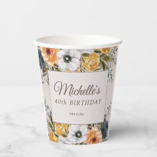 Yellow Navy Blue Floral Glitter 40th Birthday Name Paper Cups