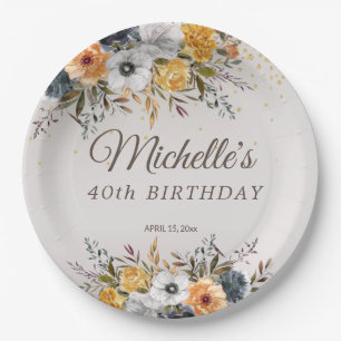 Yellow Navy Blue Floral Glitter 40th Birthday Name Paper Plate