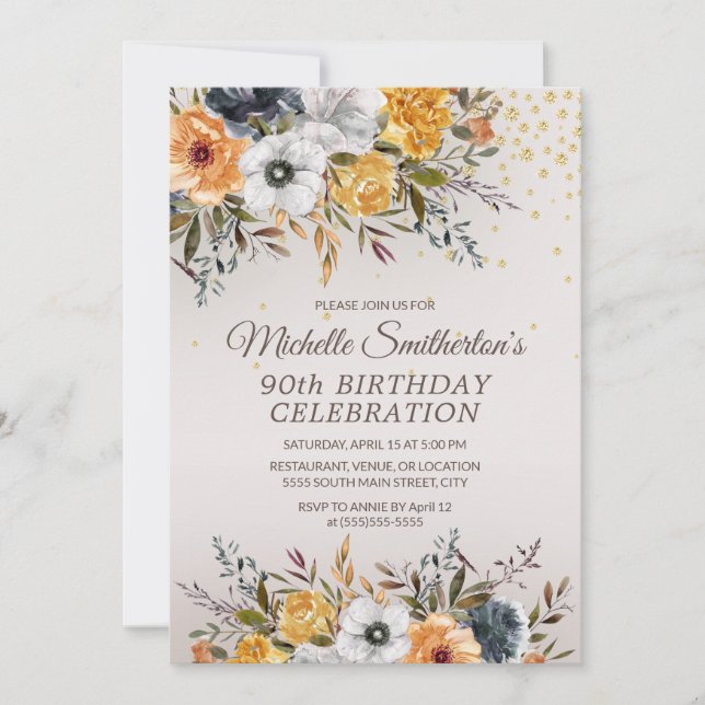 Yellow Navy Blue Floral Glitter 90th Birthday Invitation (Front)